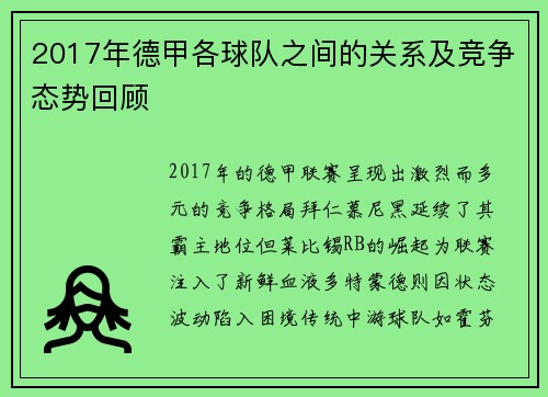 2017年德甲各球队之间的关系及竞争态势回顾
